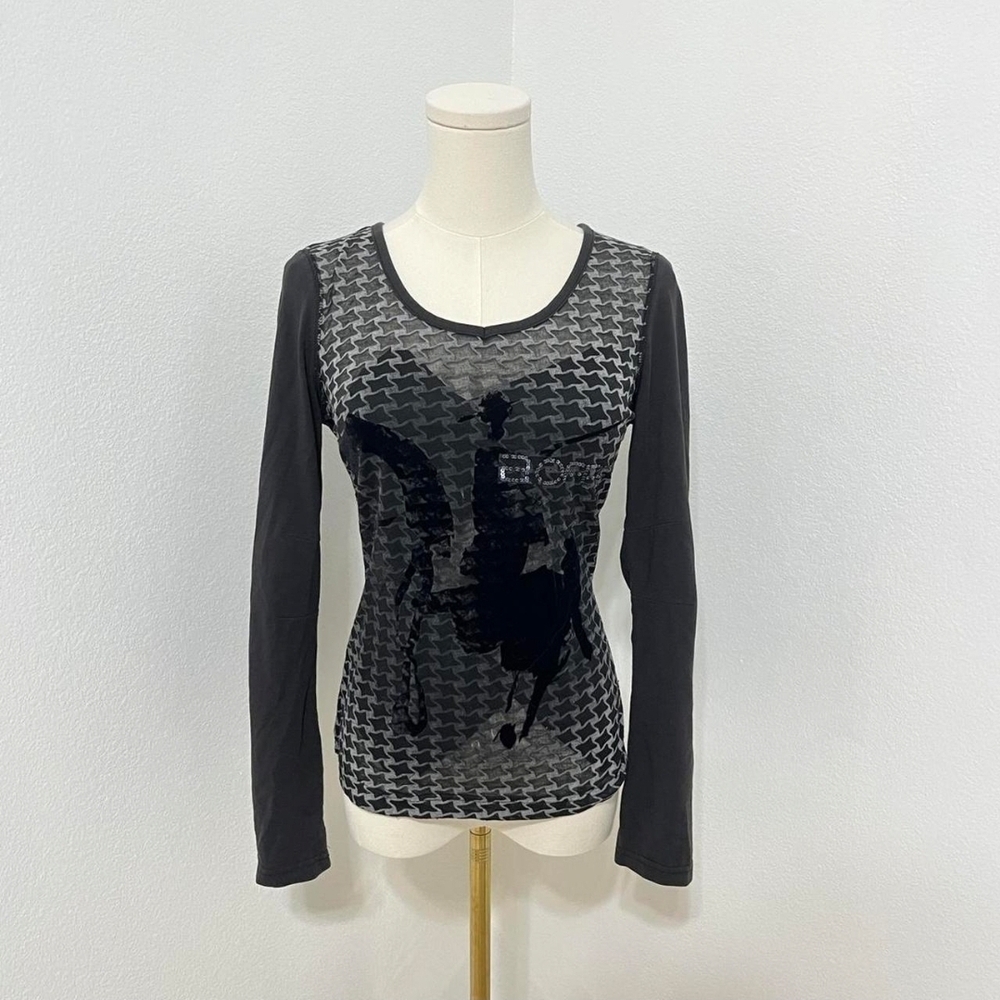 Vintage BOFFE black graphic western Slightly Sheer Blouse Long Sleeve - M